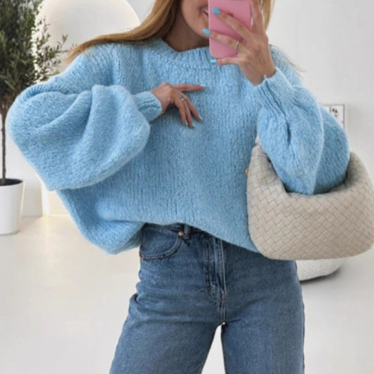Round Neck Pullover Solid Color Sweater