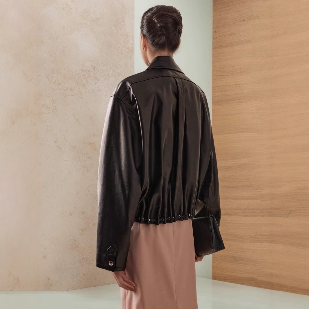 Fashionable Polo Collar Glossy Leather Loose Design Fashionable Coat