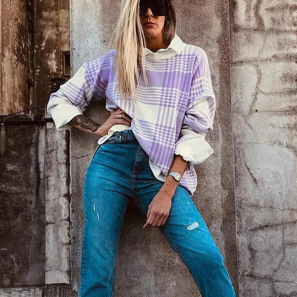 Lilac Plaid Print Ribbed Trim Loose Sweater