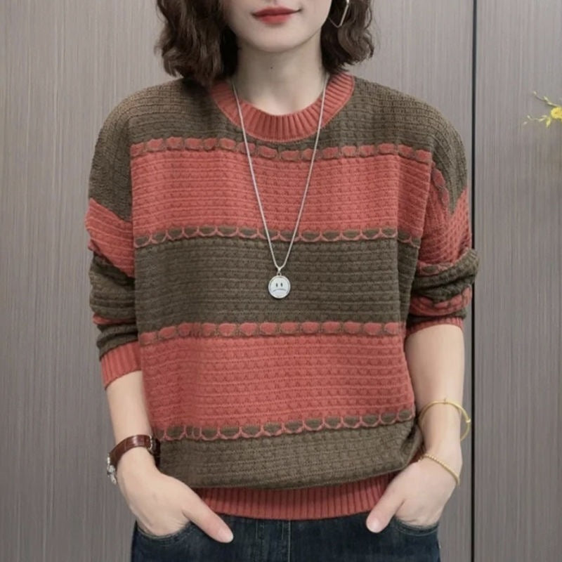 Contrast Color Young-aged Women's Striped Sweater