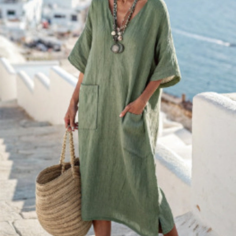 Female Digital Printed V-neck Five Quarter Sleeve Dress
