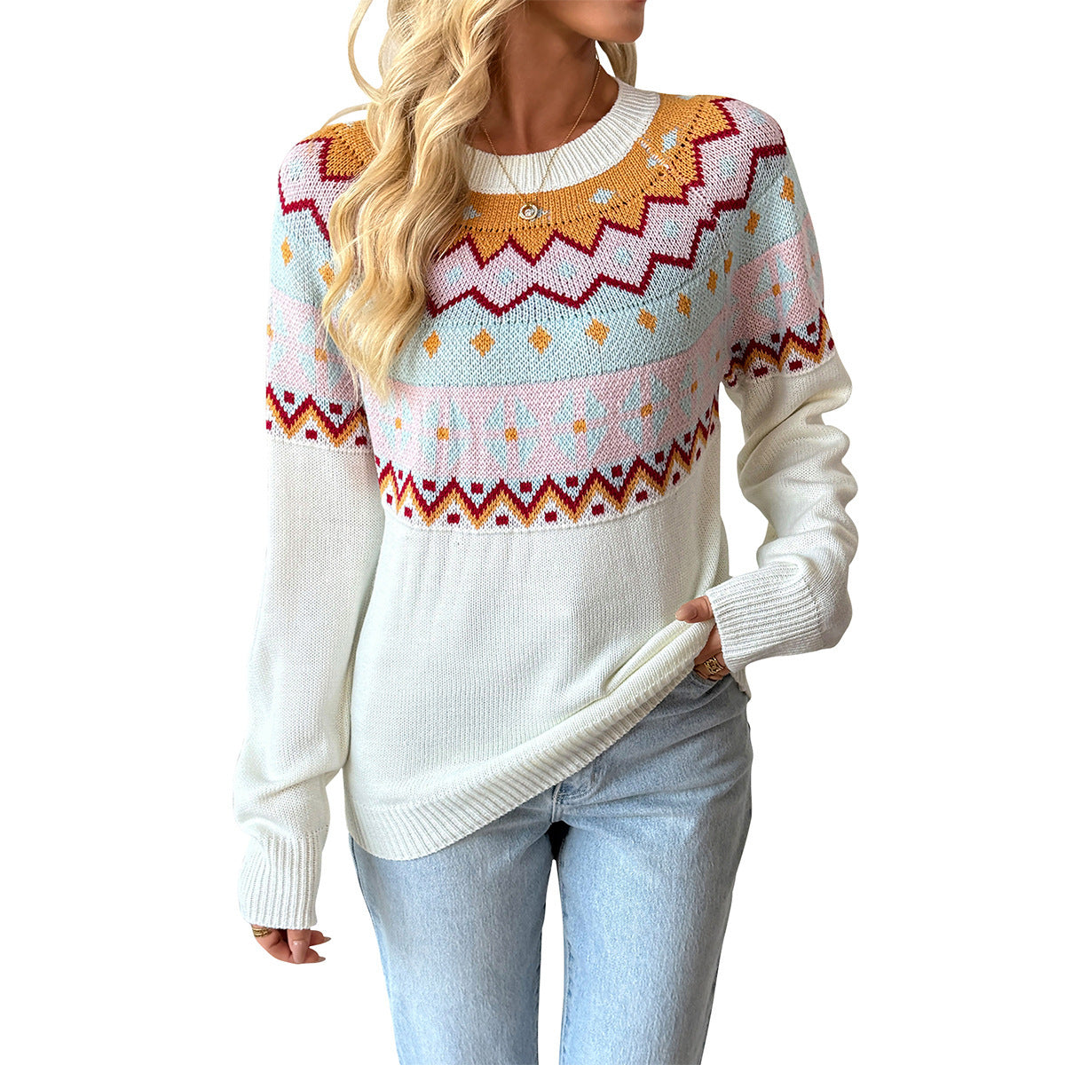 Contrast Color Jacquard Long Sleeve Round Neck Sweaters