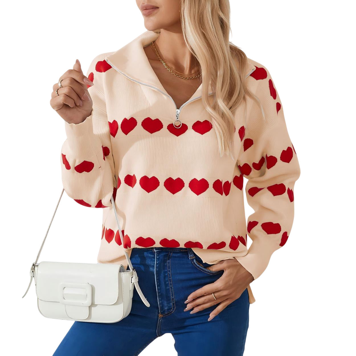 Female With Hearts Contrast Color Pullover Top