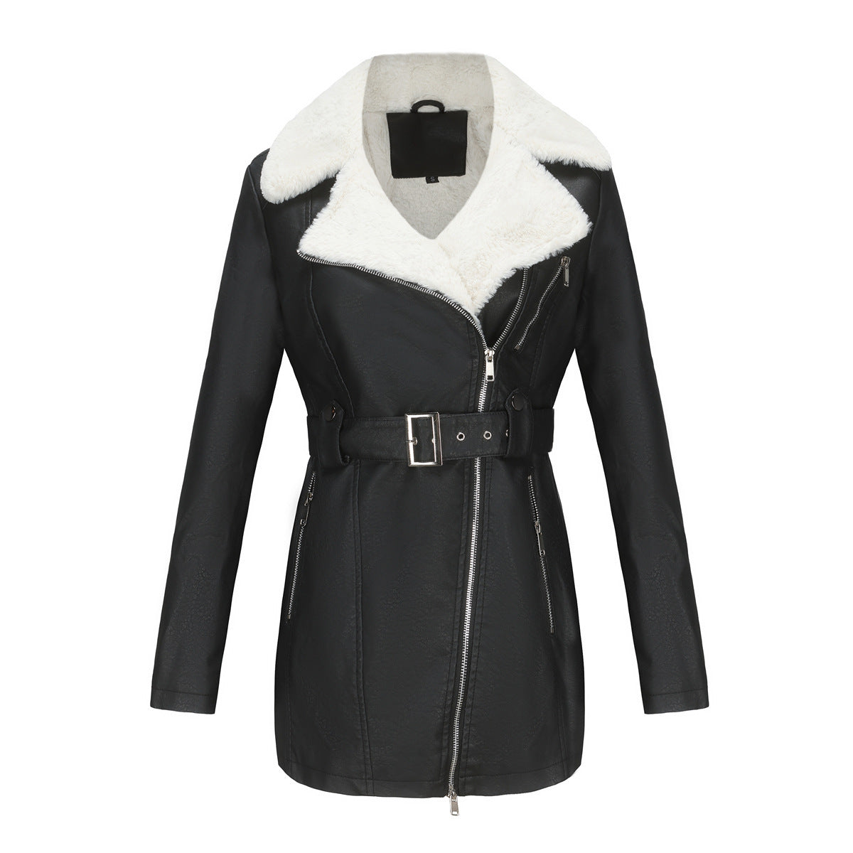 Long Sleeve Fleece Leather Jacket Women