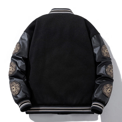 Woolen Baseball Uniform Loose Embroidered PU Coat
