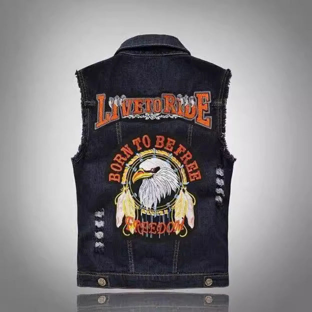 Black Denim Vest Men's Waistcoat Waistcoat Large Size Ripped Vest