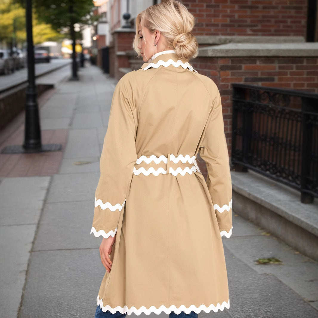 Elegant Chic White Wavy Neckline Double Breasted Coat