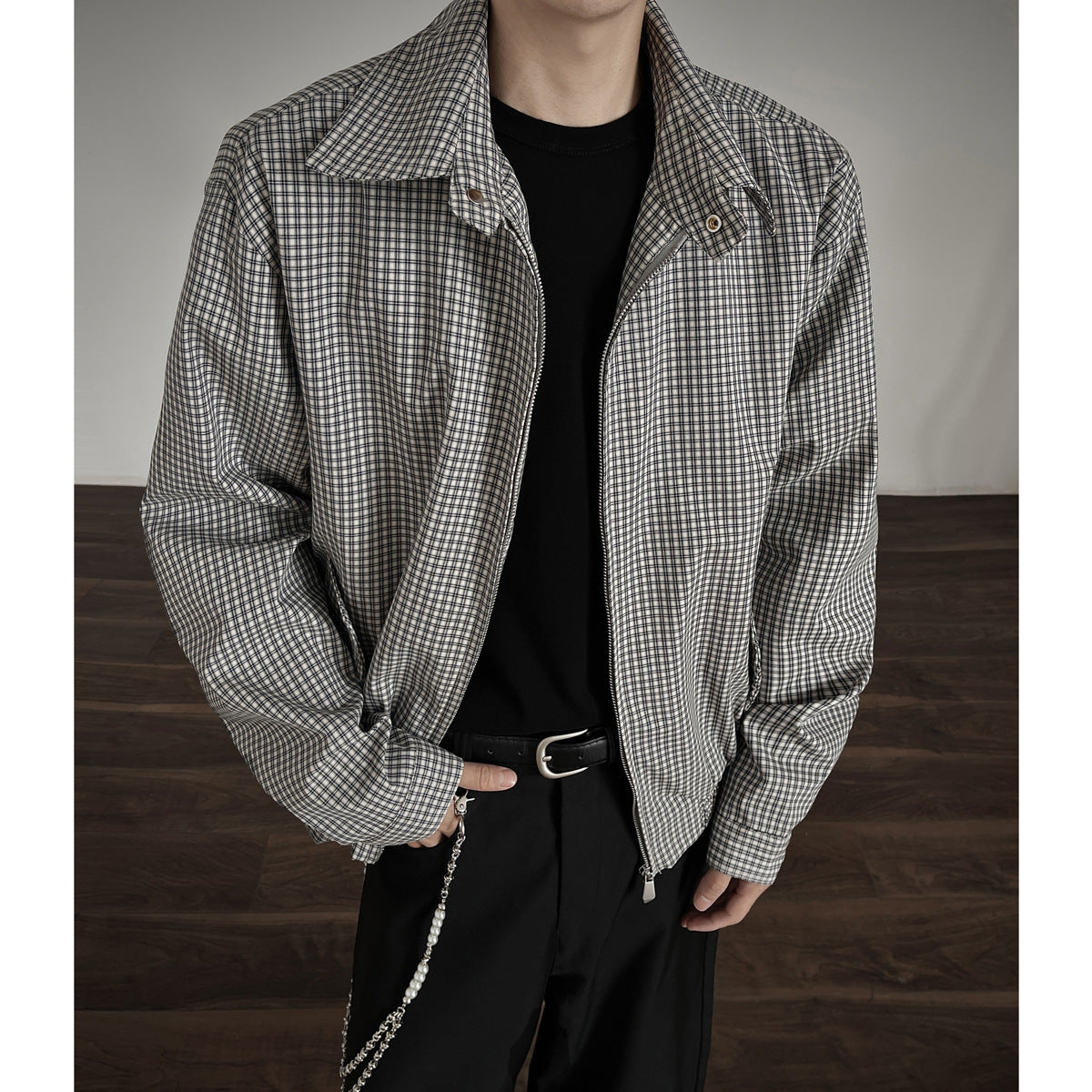 Korean Style Simple Retro Plaid Short Jacket With Double Zipper