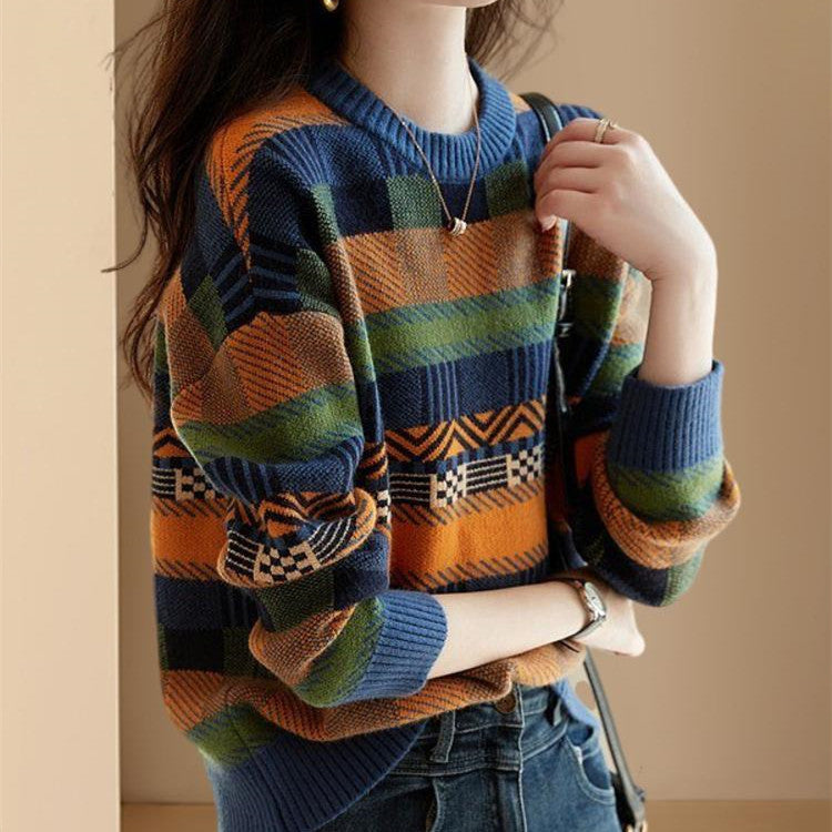Contrast Color Long Sleeves Knitwear Sweater Coat