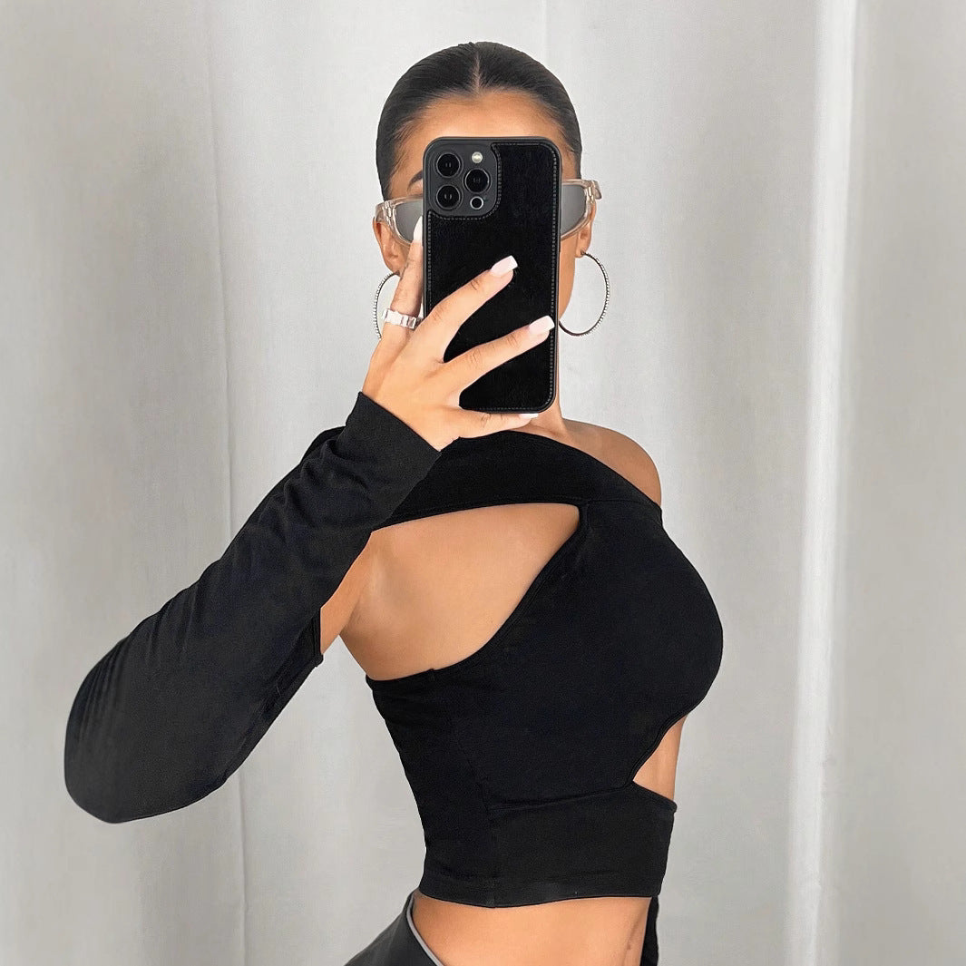 New Slim Fit Diagonal Collar Strapless Sexy Off-the-shoulder Navel T-shirt