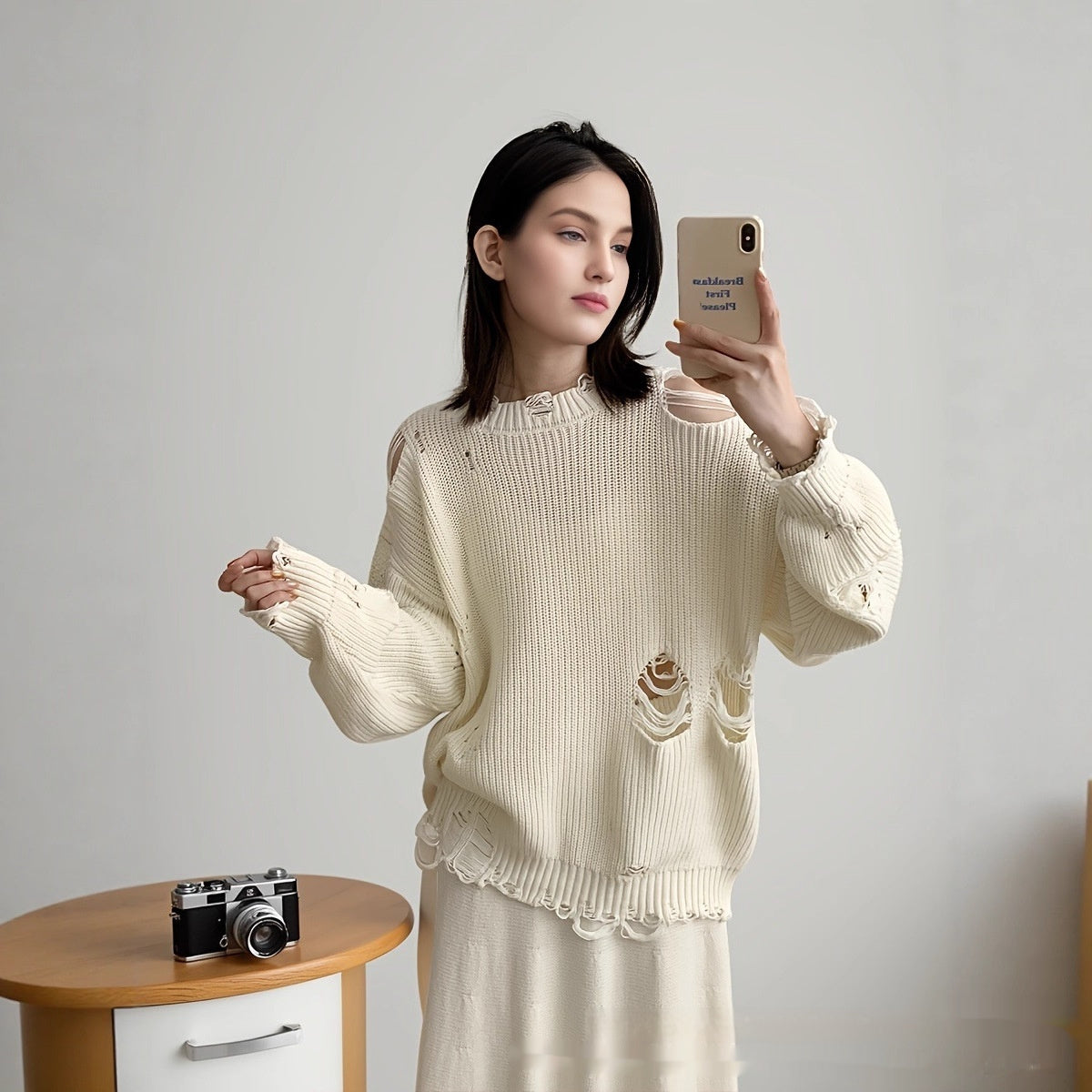 Fashion Women's Wear Long Sleeve Cotton White Round Neck Sweater Irregular Ripped Skirt