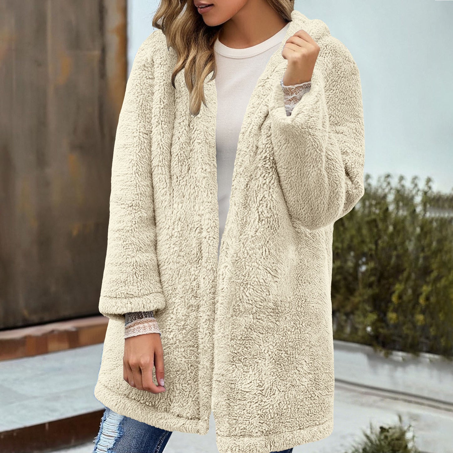 Pine Plush Hooded Cardigan Mid-length Coat Women