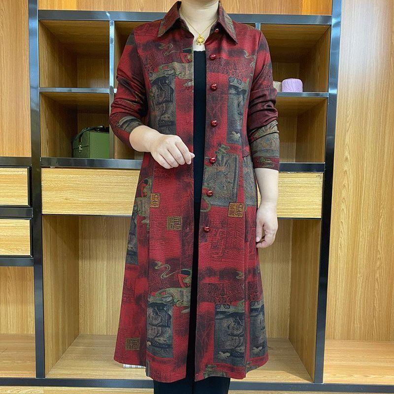 Middle-aged And Elderly Mid-length Trench Coat Printed Coat