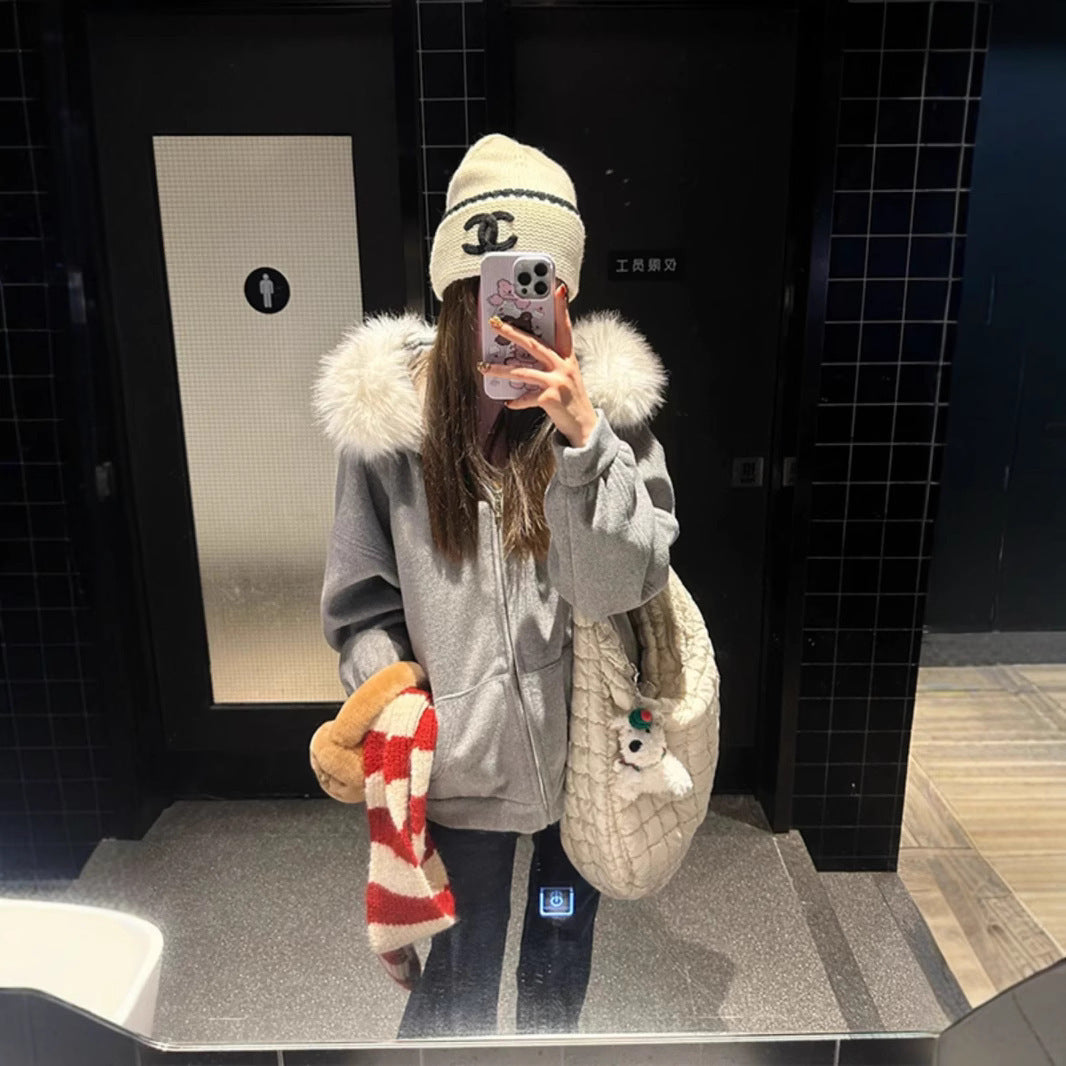 American Retro Fur Collar Hooded Cardigan Sweater Women