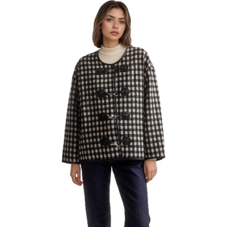 Metal Buckle Decorative Round Neck Hemming Shorts Jacket