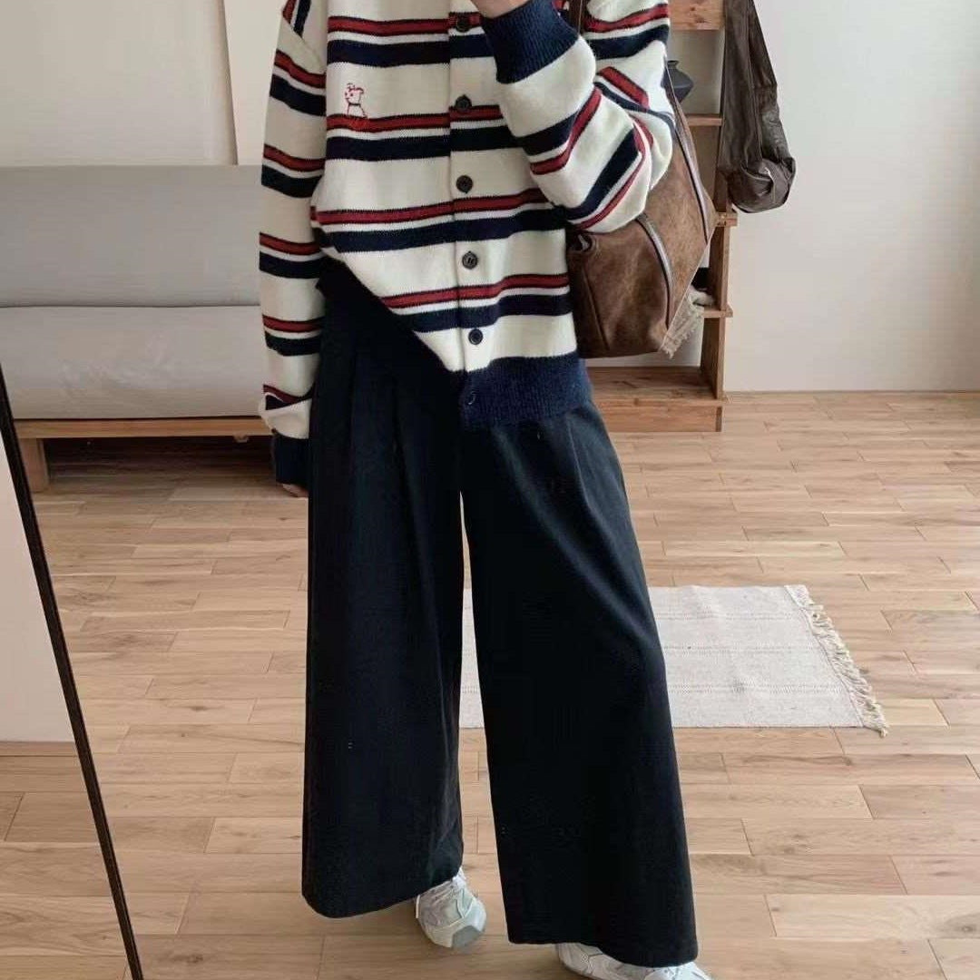 Women's Loose Round Neck Striped Contrast Color Puppy Embroidered Coat