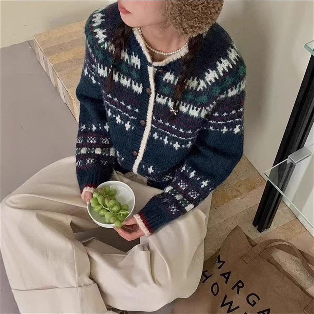 Female Versatile Ethnic Jacquard Knitted Cardigan Top