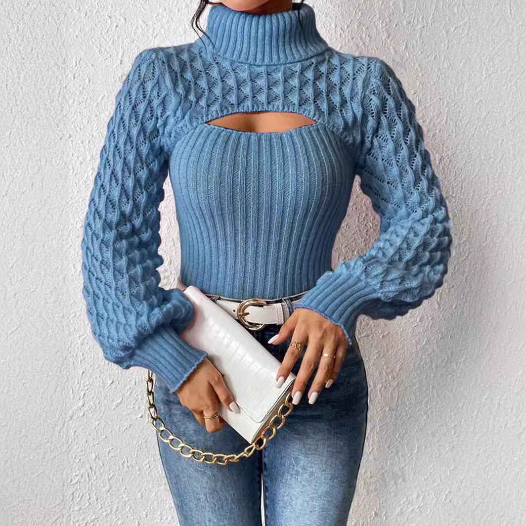 Women's Turtleneck Hollow Sweater Cable-knit Sweater