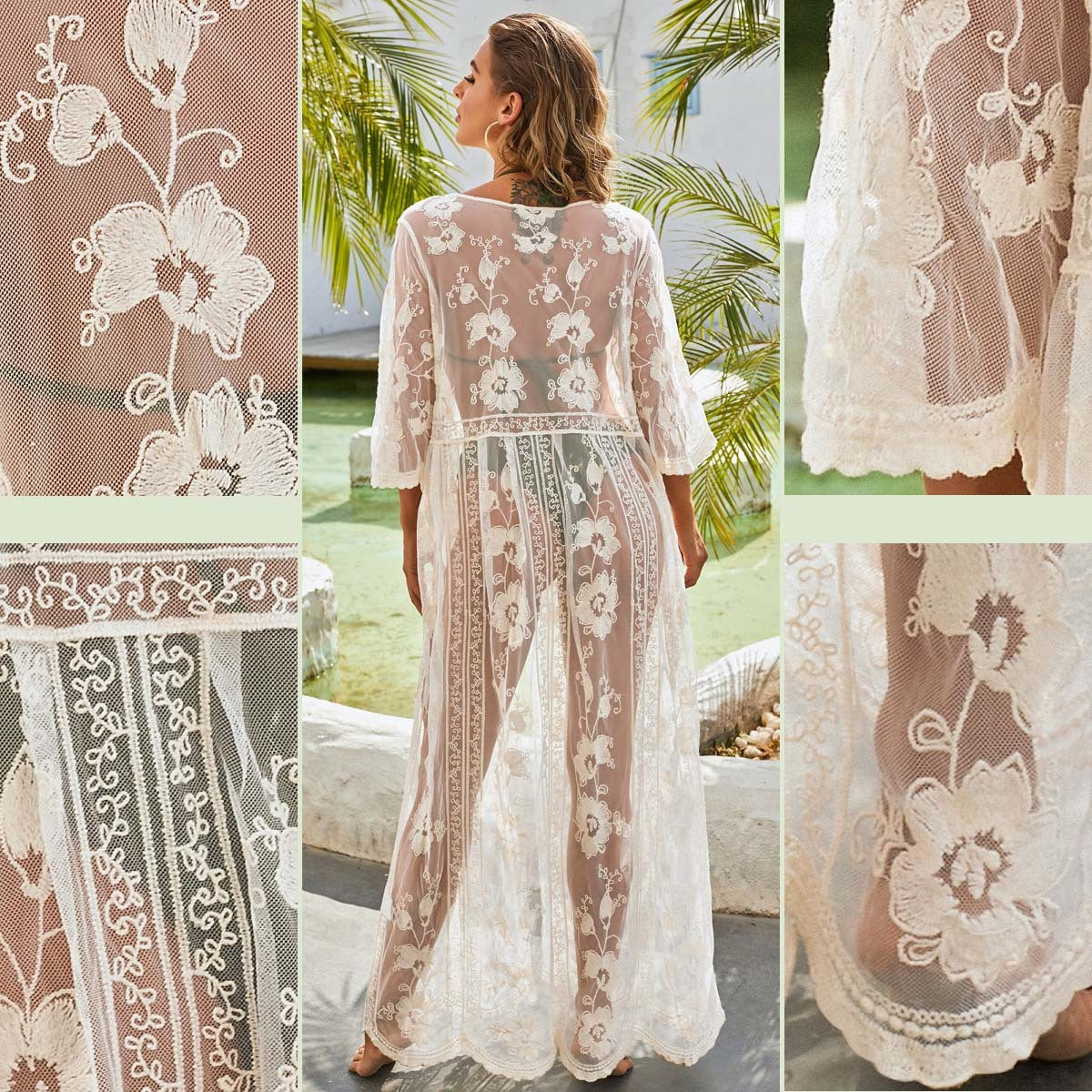 Lace Long Embroidered Cardigan Bandage Swimsuit Bikini Cover-up