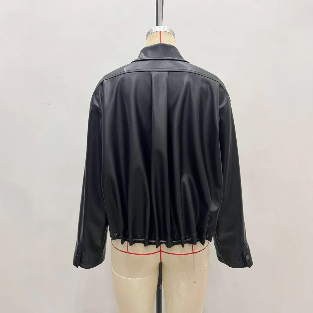 Fashionable Polo Collar Glossy Leather Loose Design Fashionable Coat