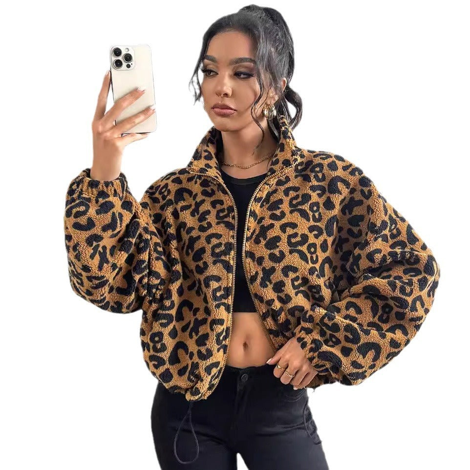 Women's Loose Cardigan Zipper Leopard Print Plush Coat