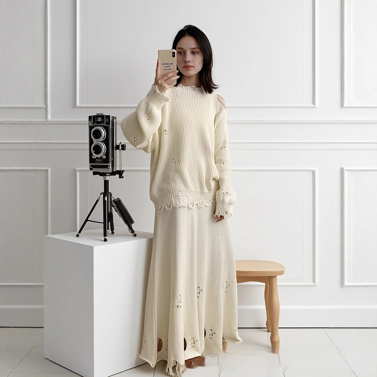 Fashion Women's Wear Long Sleeve Cotton White Round Neck Sweater Irregular Ripped Skirt
