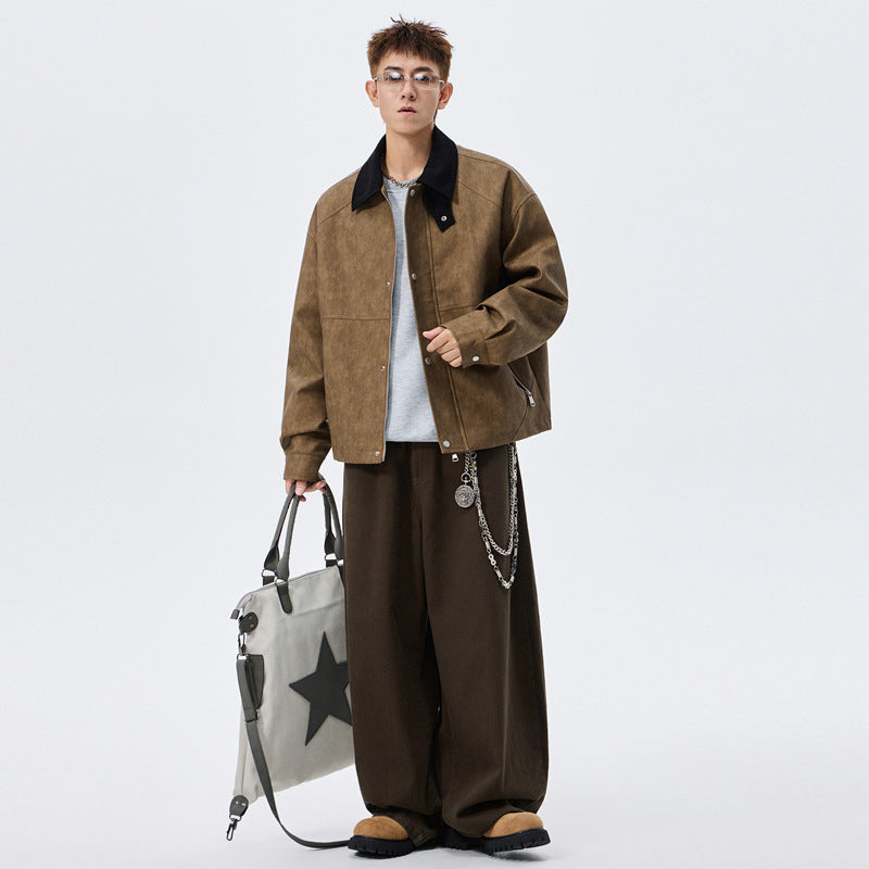 Large Size Men's PU Leather Coat Polo Collar Jacket