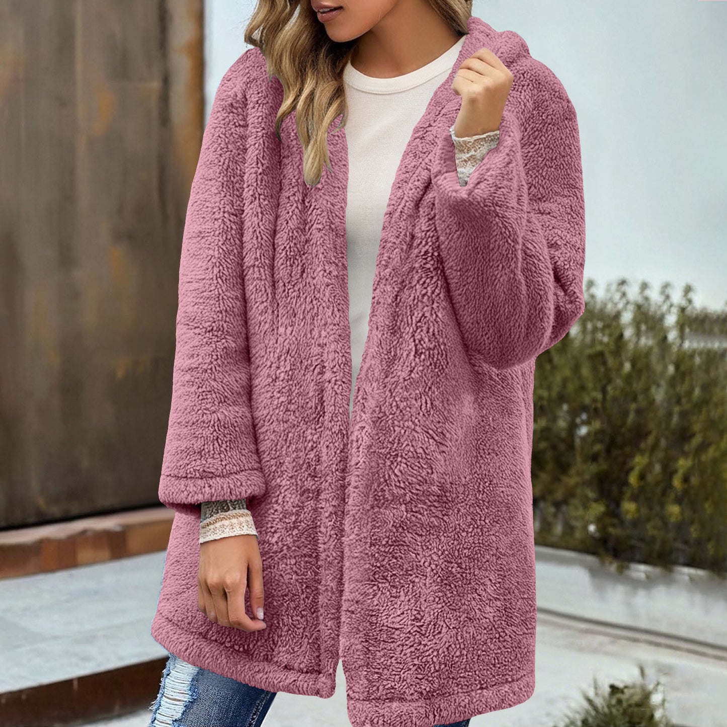 Pine Plush Hooded Cardigan Mid-length Coat Women
