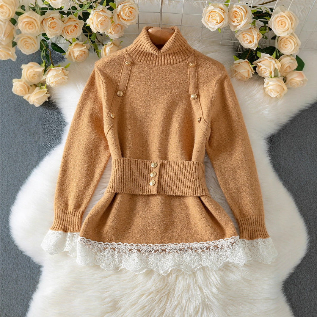 Elegant Lace Stitching Belt Knitted Top