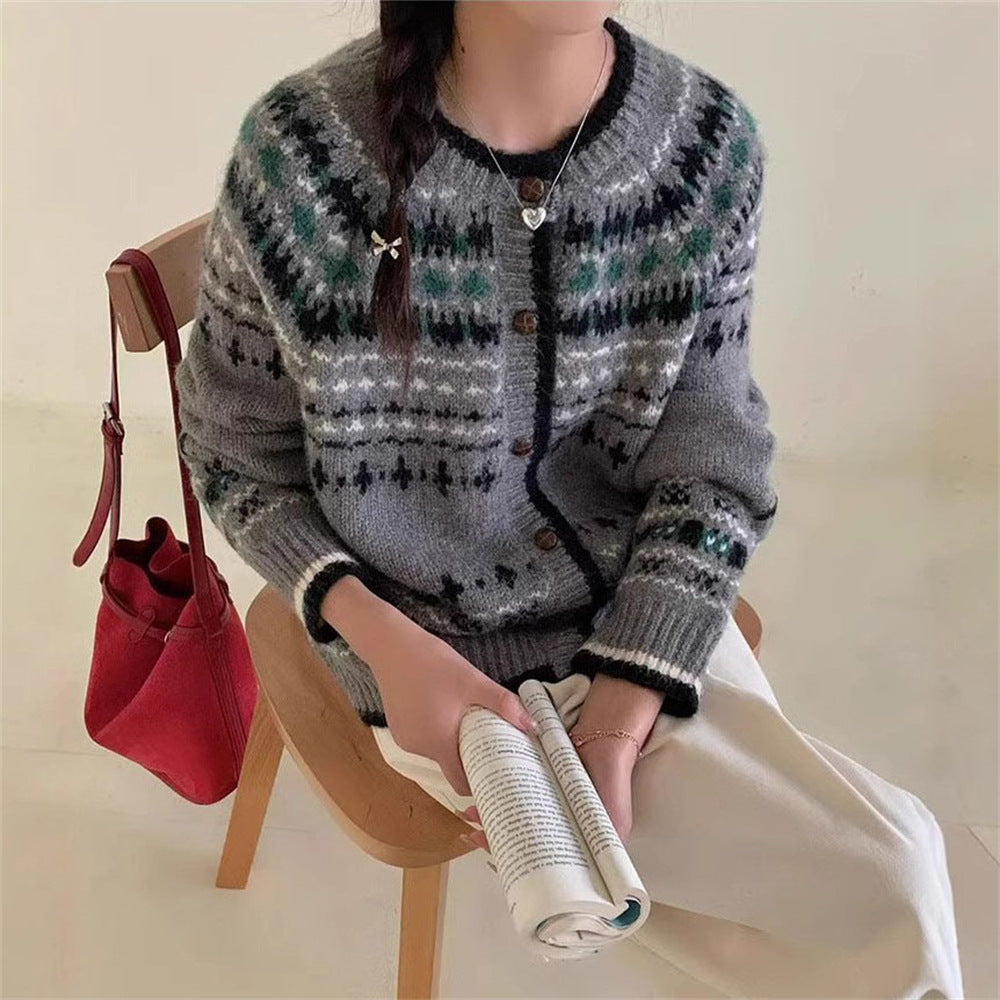 Female Versatile Ethnic Jacquard Knitted Cardigan Top