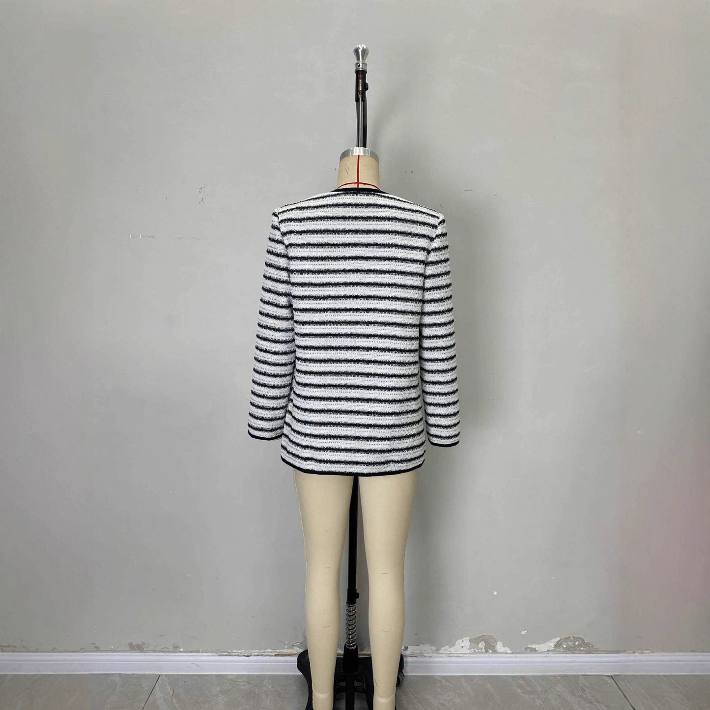 Black And White Striped Round Neck Multi-pocket Fashionable Coat