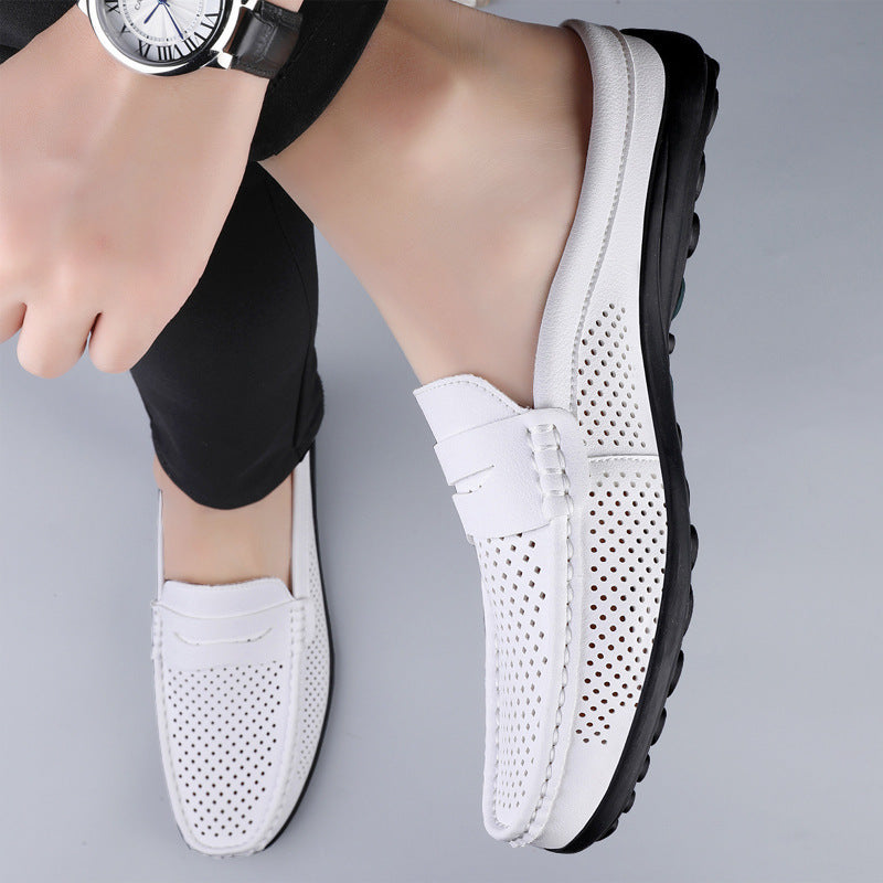 Casual Hollow Leather Shoes Breathable Half Slippers