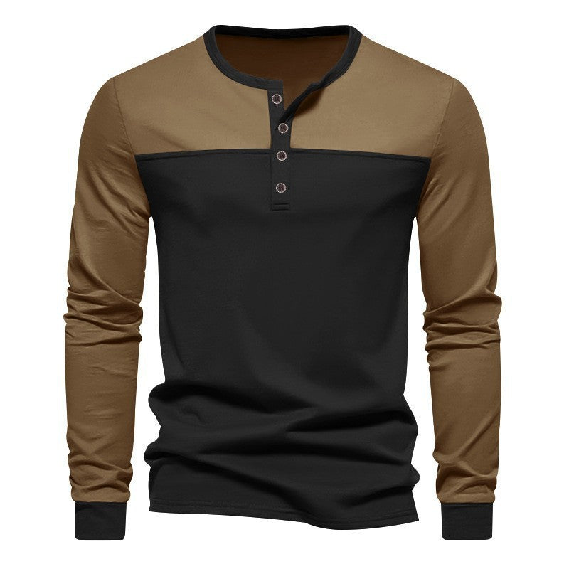 Retro Trendy Long-sleeve Color Matching Henry Collar Bottoming Shirt Casual T-shirt