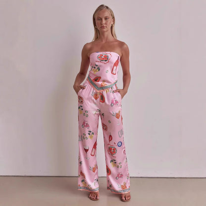 Fashion Positioning Printed Tube Top Wide Leg Pants Suit