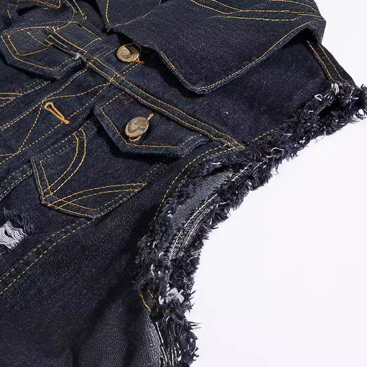 Black Denim Vest Men's Waistcoat Waistcoat Large Size Ripped Vest