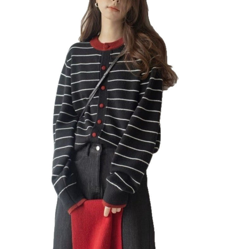 Women's Striped Idle Style Soft Glutinous Striped Sweaters Cardigan