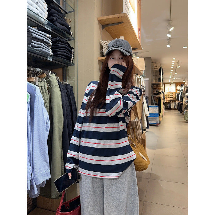 Round Neck Loose Striped Women's Long Sleeve