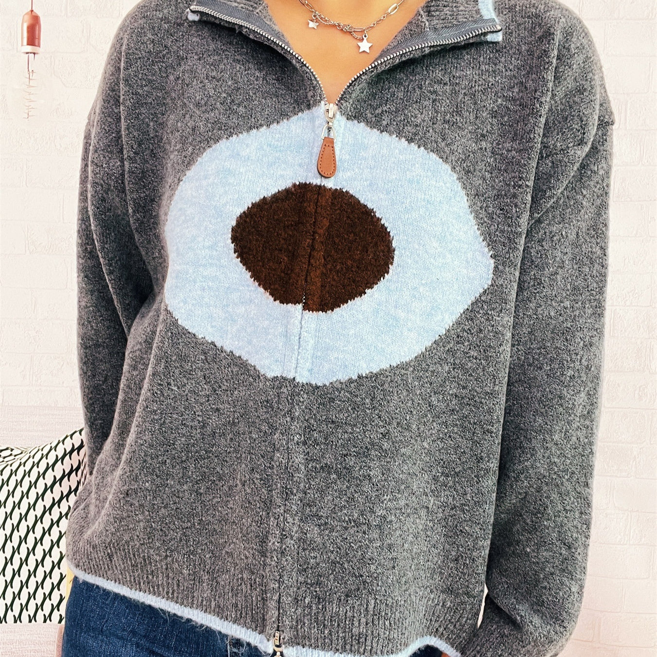 Casual Ring Jacquard Knitted Coat Round Neck Long Sleeve Zipper