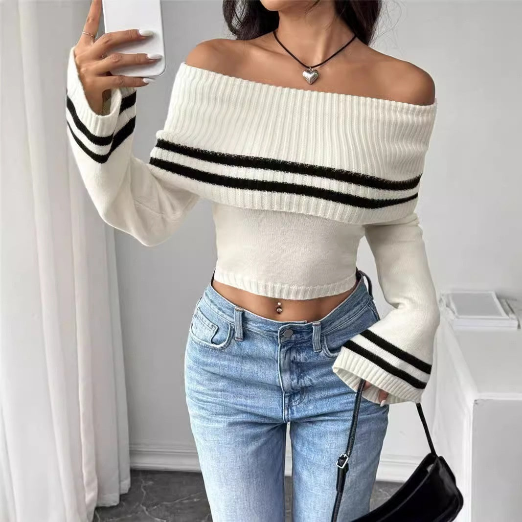Women's Off-shoulder Midriff-baring Sweater Knitted Bell Sleeve Top