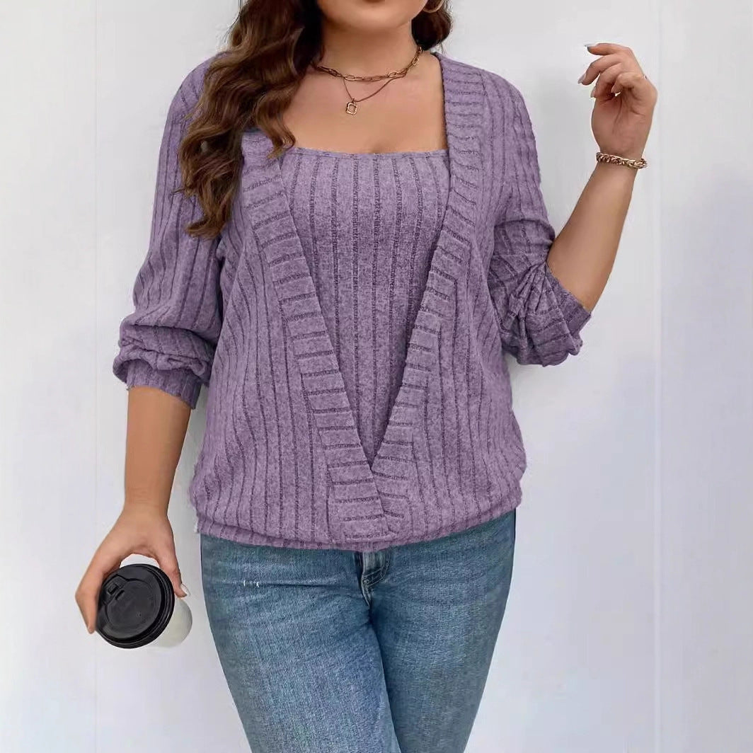 Solid Color Rib Fabric V-neck Long Sleeve False Two-piece Suit