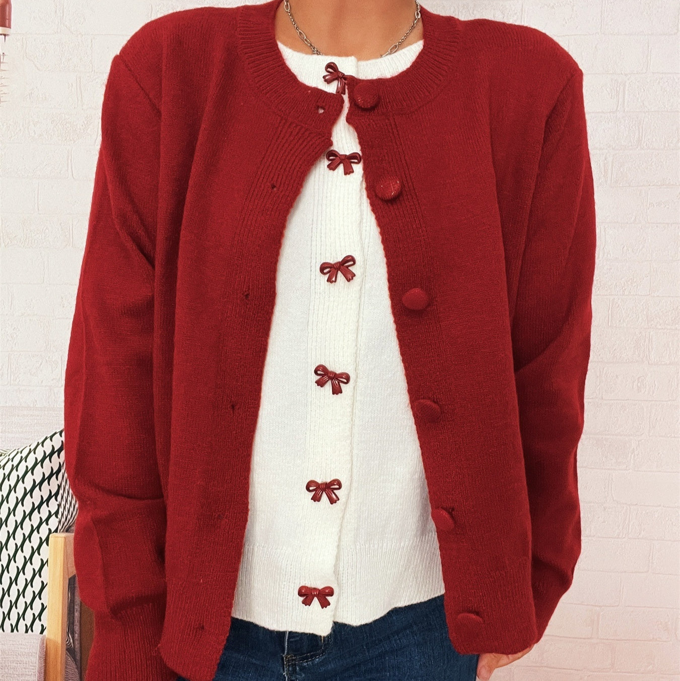Two-piece Bow Embroidered Button Knitted Sweater Cardigan For Women
