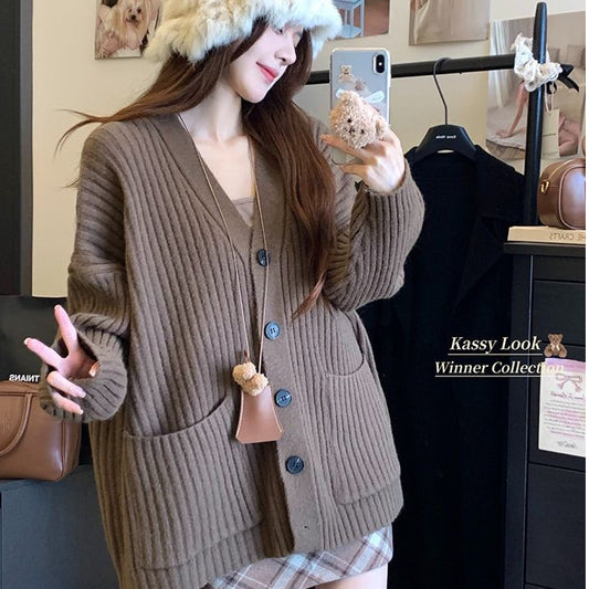 Long-sleeve Cardigan Sweater Women Knit Casual Loose Solid Color Coat Top