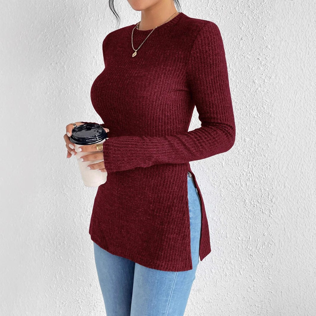 Slim-fit Sunken Stripe Brushed Round Neck Hem Rib Knitted T-shirt