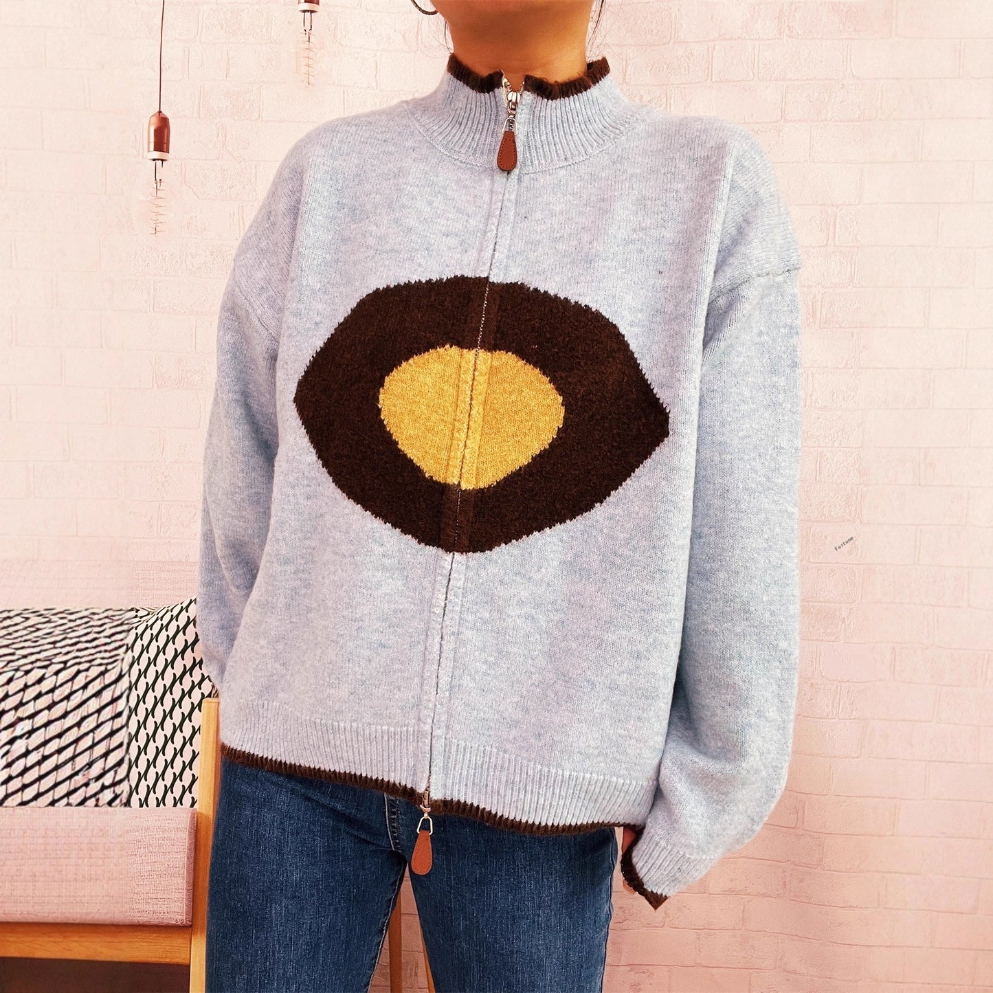 Casual Ring Jacquard Knitted Coat Round Neck Long Sleeve Zipper