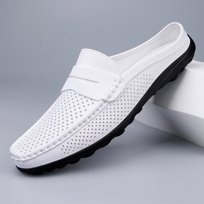 Casual Hollow Leather Shoes Breathable Half Slippers