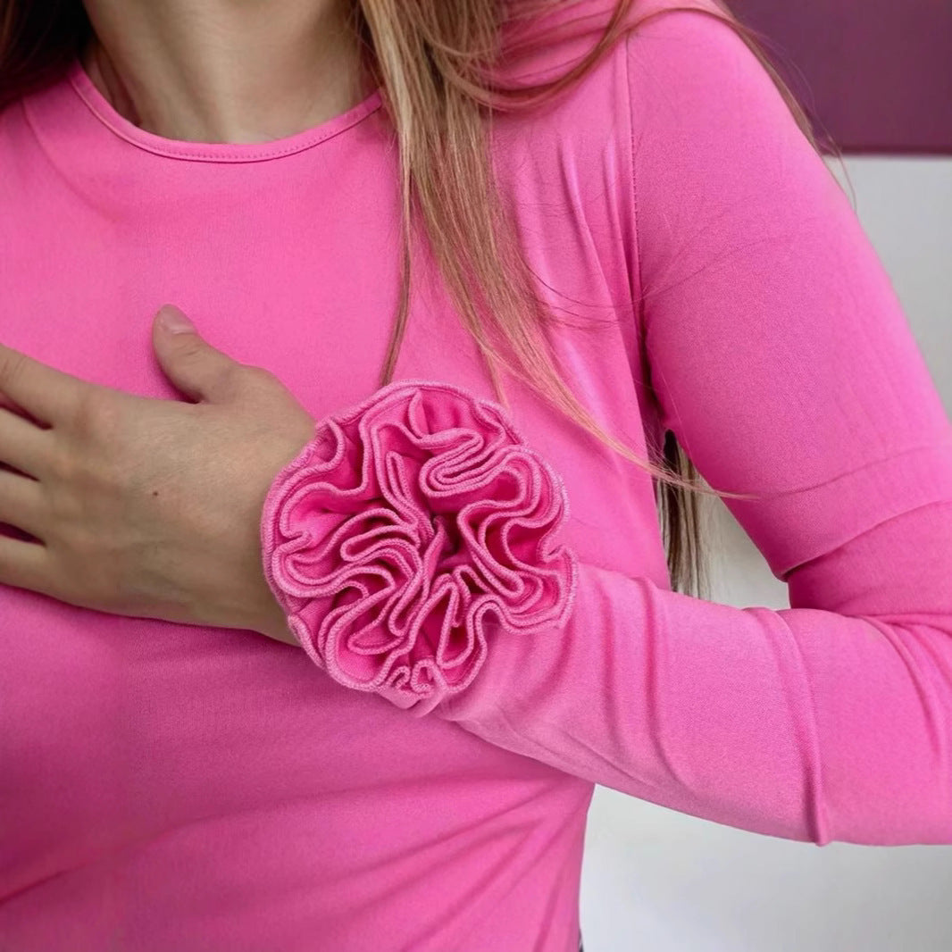 Three-dimensional Floral Long Sleeve Niche Round Neck Slim-fit Tops