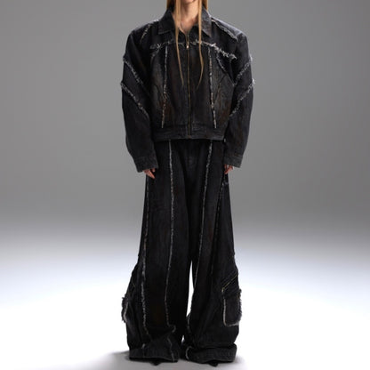 Raw Edge Splash-dyeing Distressed Padded Shoulder Denim Coat