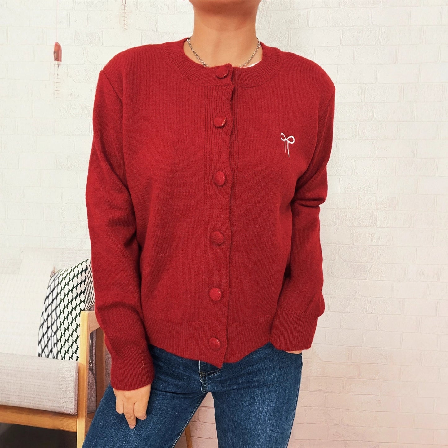 Two-piece Bow Embroidered Button Knitted Sweater Cardigan For Women