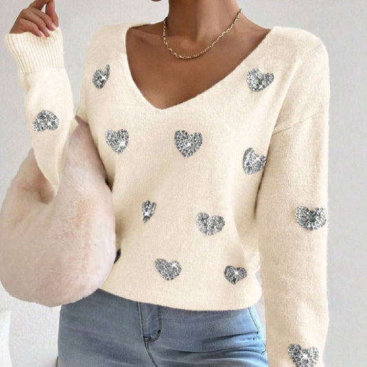 Embroidered V-neck Pullover Sweater Women's Top