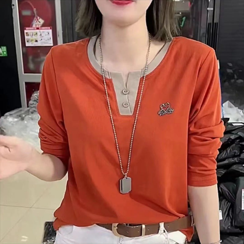 Women's Long-sleeved T-shirt V-neck Bottoming Shirt Hot Rhinestone Casual Top